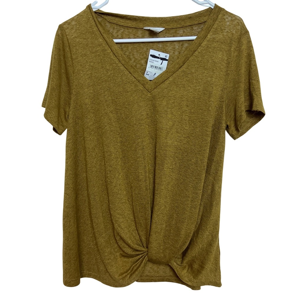 Caslon Womens Bronze Linen Blend Twist Front‎ V-Neck Short Sleeve Top S NWT Boho